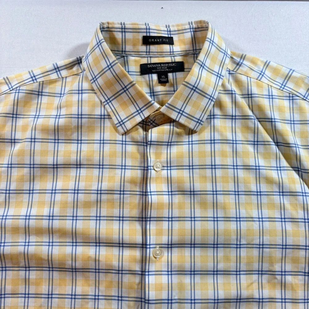 Banana Republic Dress Shirt Mens XL Grant Fit Yellow Blue Plaid Non-Iron Cotton